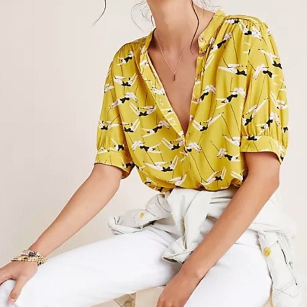 Anthropologie Yellow Bird-Print V-Neck Blouse